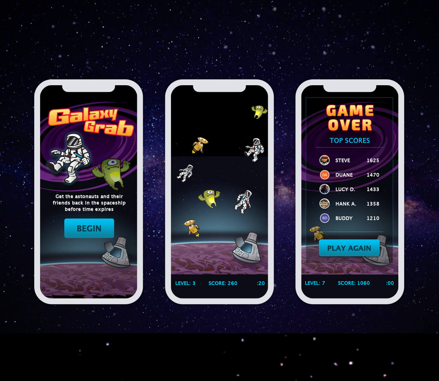 Galaxy Grab Mobile Application Game Screens